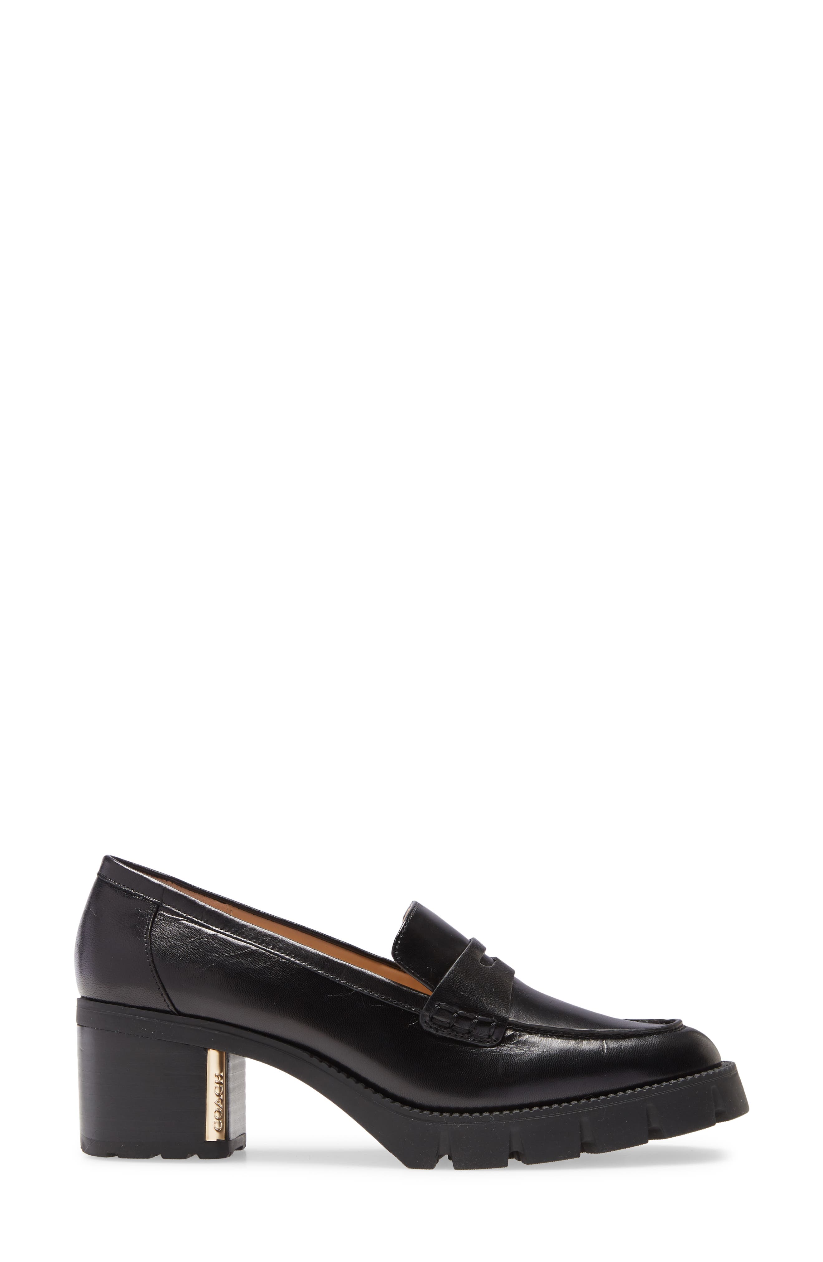 Cora Block Heel Penny Loafer, Alternate, color, BLACK