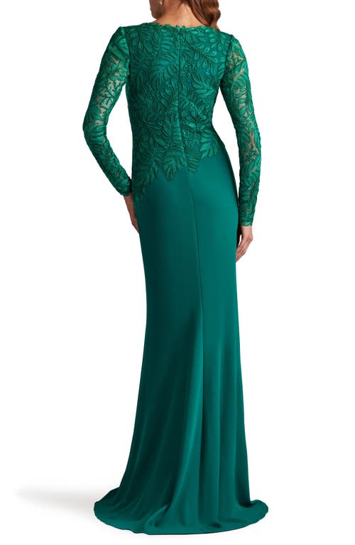 Tadashi Shoji Embroidered Leaf Print Long Sleeve Gown In Emerald