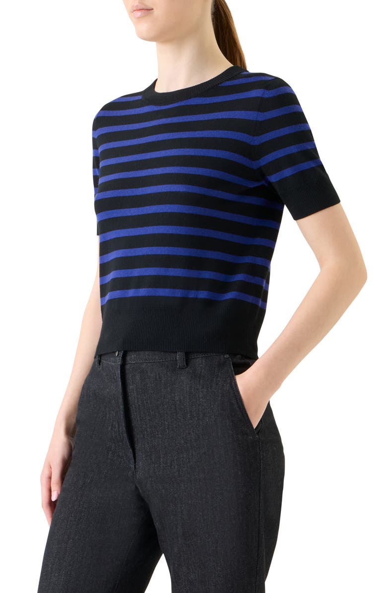 Akris punto Stripe Short Sleeve Virgin Wool Sweater, Alternate, color, Black-Ultra Violet