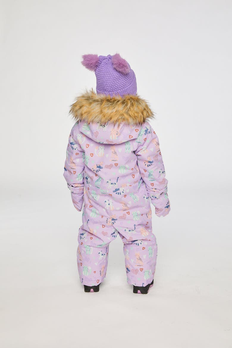Play Cat Faux Fur Hood Car Seat One Piece Snowsuit, Alternate, color, Purple Printed Cats