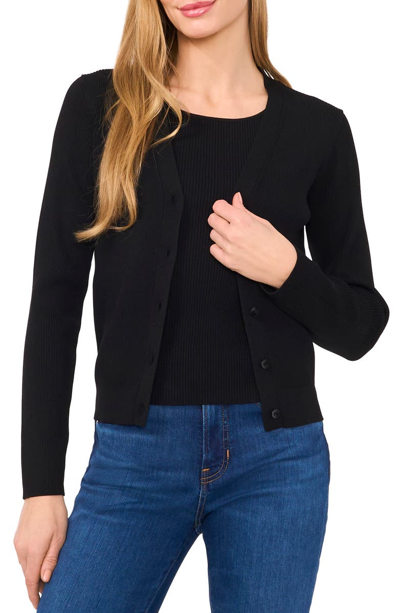 Ted Baker Rib V-Neck Cardigan, Main, color, Rich Black