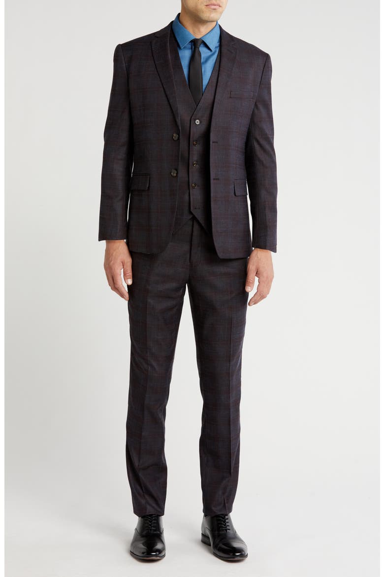 Slim Fit 3-Piece Tailored Check Suit, Main, color, BLACK