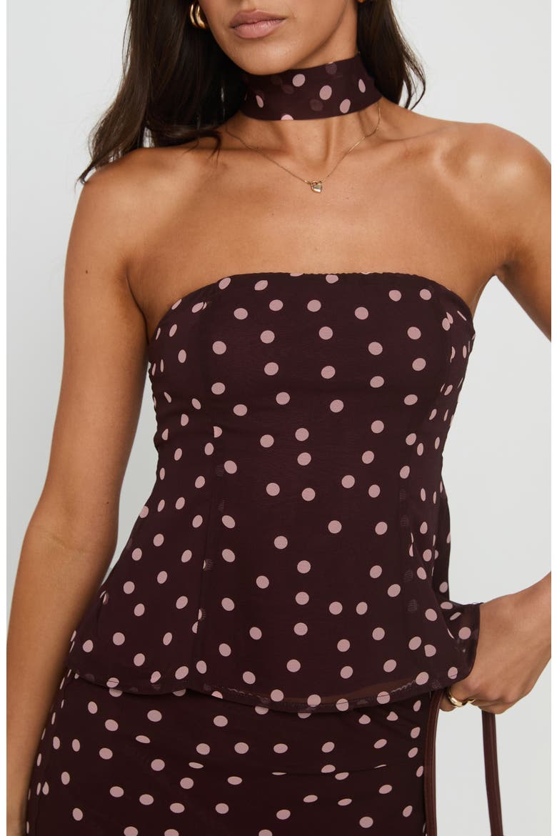 Sydni Scarf Detail Strapless Top, Alternate, color, CHOCOLATE / PINK POLKA