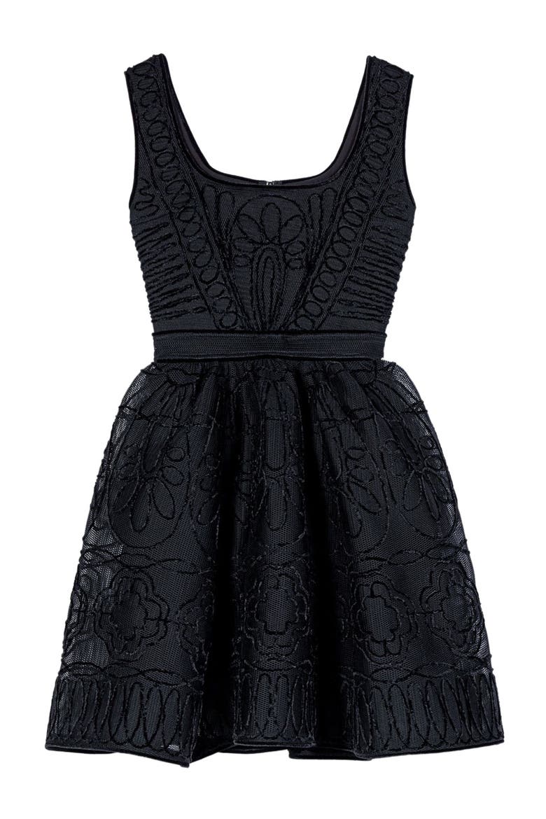 Short embroidered basket knit dress, Main, color, Black