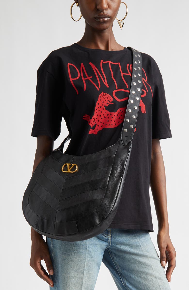 Valentino Garavani Small Hoboho Patchwork Leather Hobo Bag, Alternate, color, Black