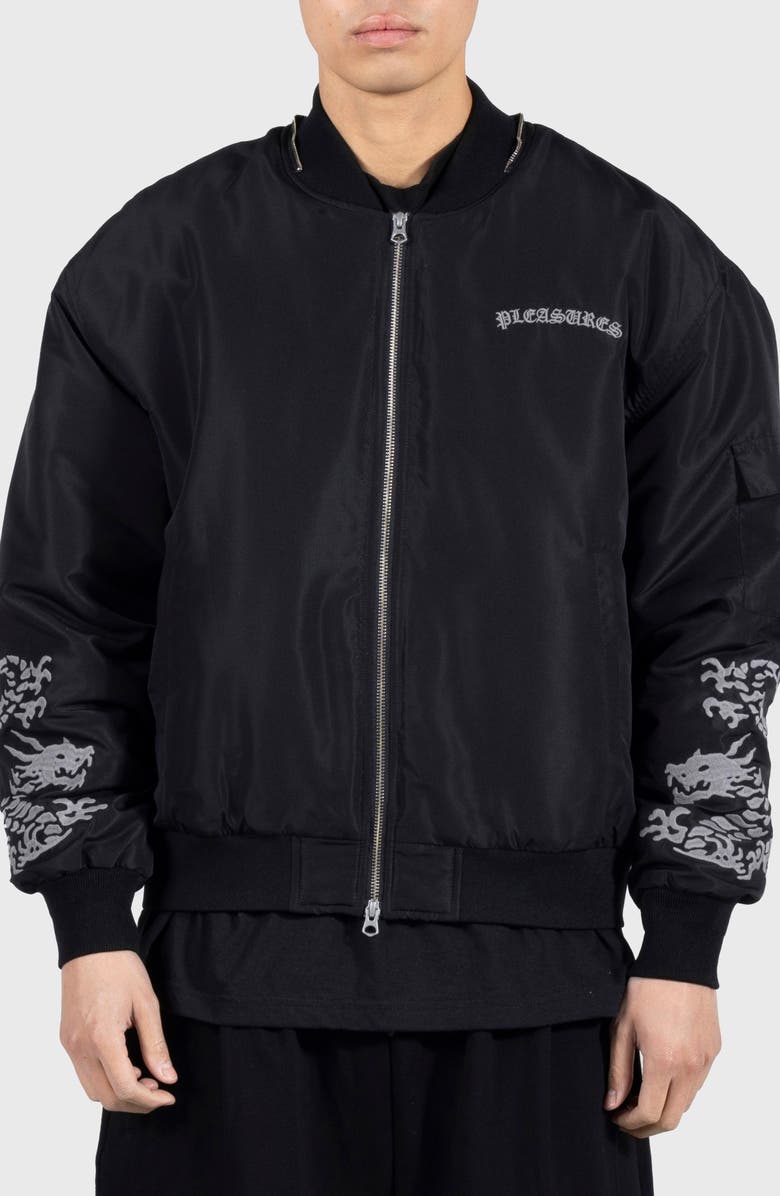 PLEASURES Dragon Water Resistant Satin Bomber Jacket, Main, color,