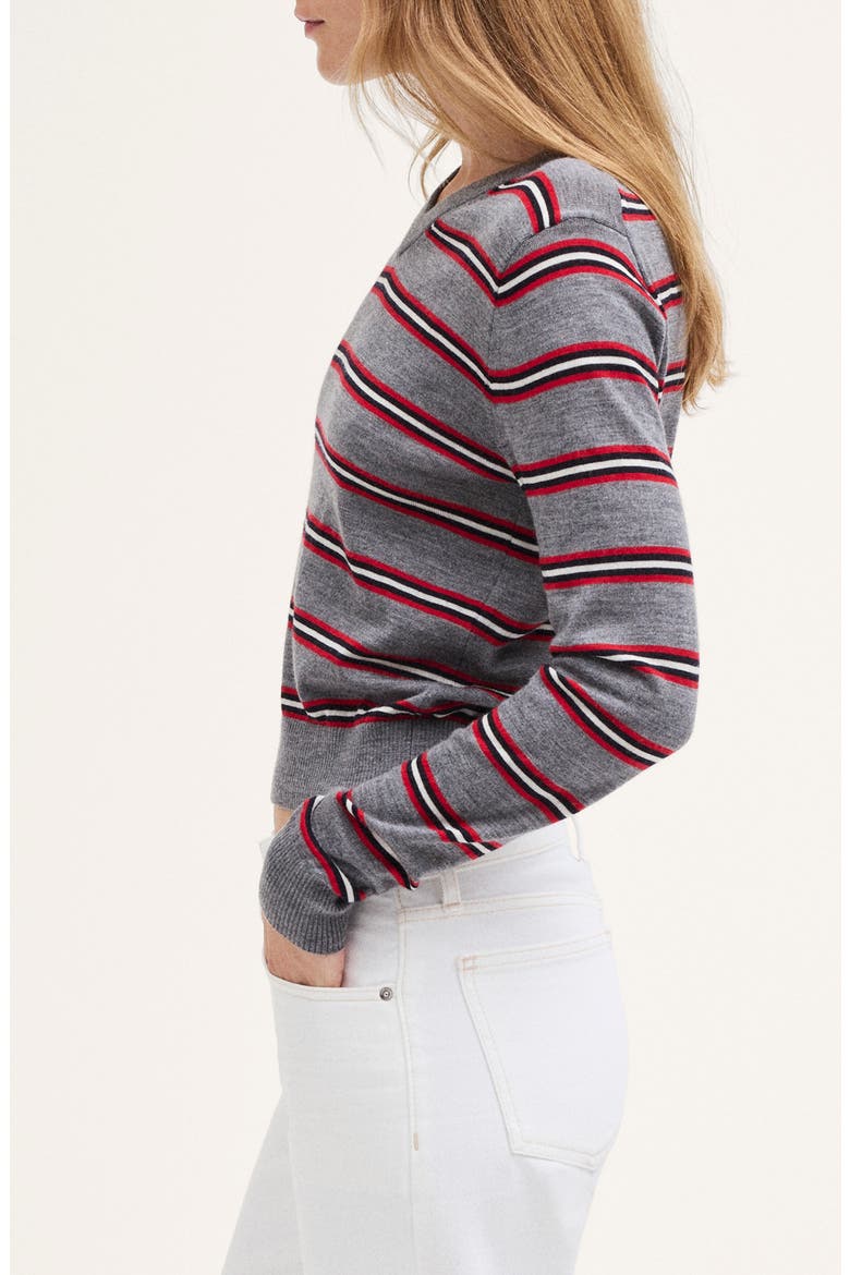 V-Neck Merino Wool Sweater, Alternate, color, HTHR GREY AND RED MULTI STRIPE