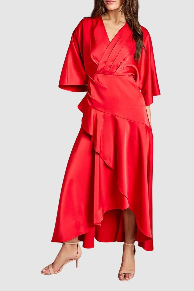 Satin Back Crepe Ruffle Wrap Midi Dress, Alternate, color, Flame Red