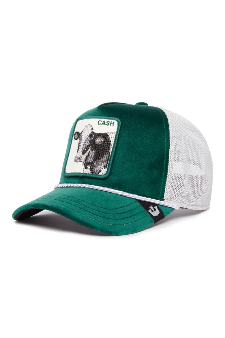 Emerald Cow Satin Front Trucker Hat, Main, color, GREEN