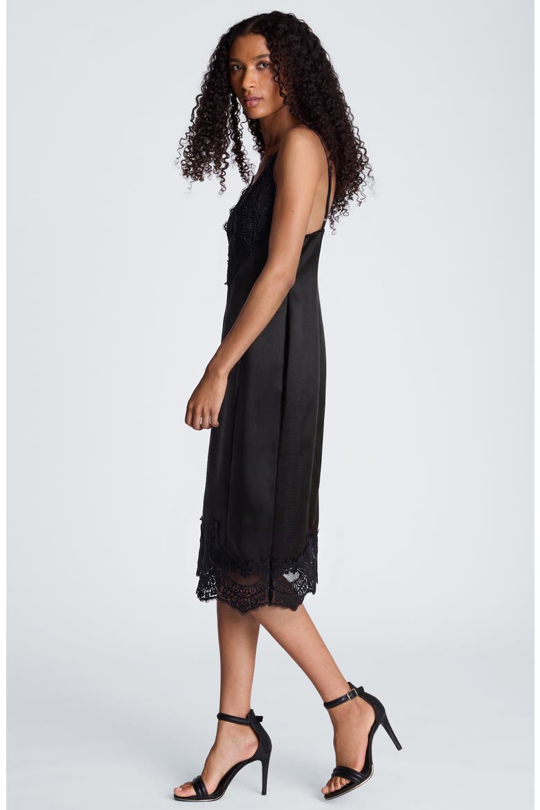 Contrast Lace Trim Satin Midi Dress, Alternate, color, BLACK