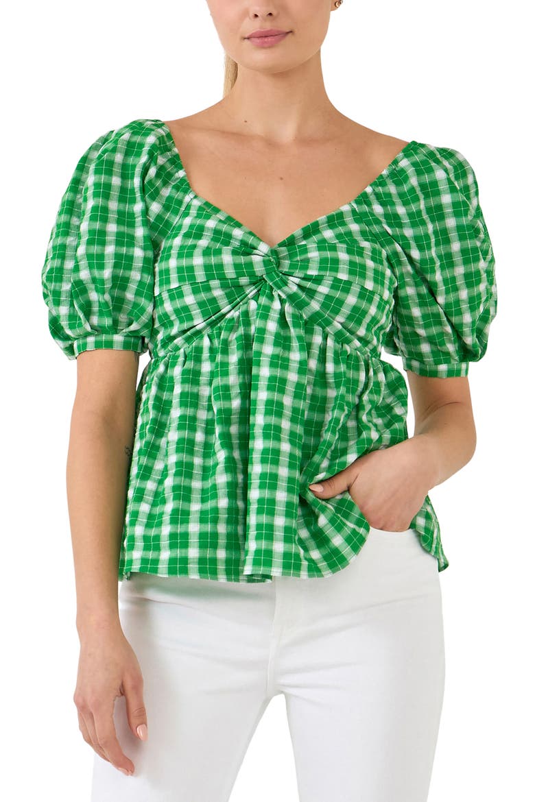 Twist Front Gingham Puff Sleeve Top, Main, color, GREEN