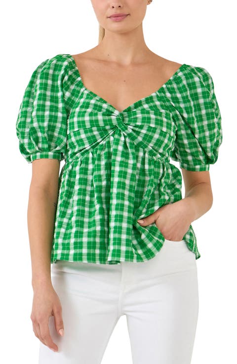 Twist Front Gingham Puff Sleeve Top