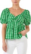 English Factory Twist Front Gingham Puff Sleeve Top