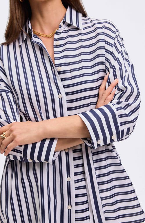 Foxcroft Avery Stripe Tie Waist Tunic Shirt In Blue
