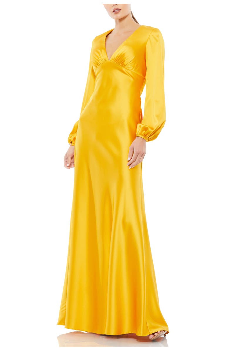 Mac Duggal Charmeuse Empire Waist Blouson Sleeve Gown, Main, color, 