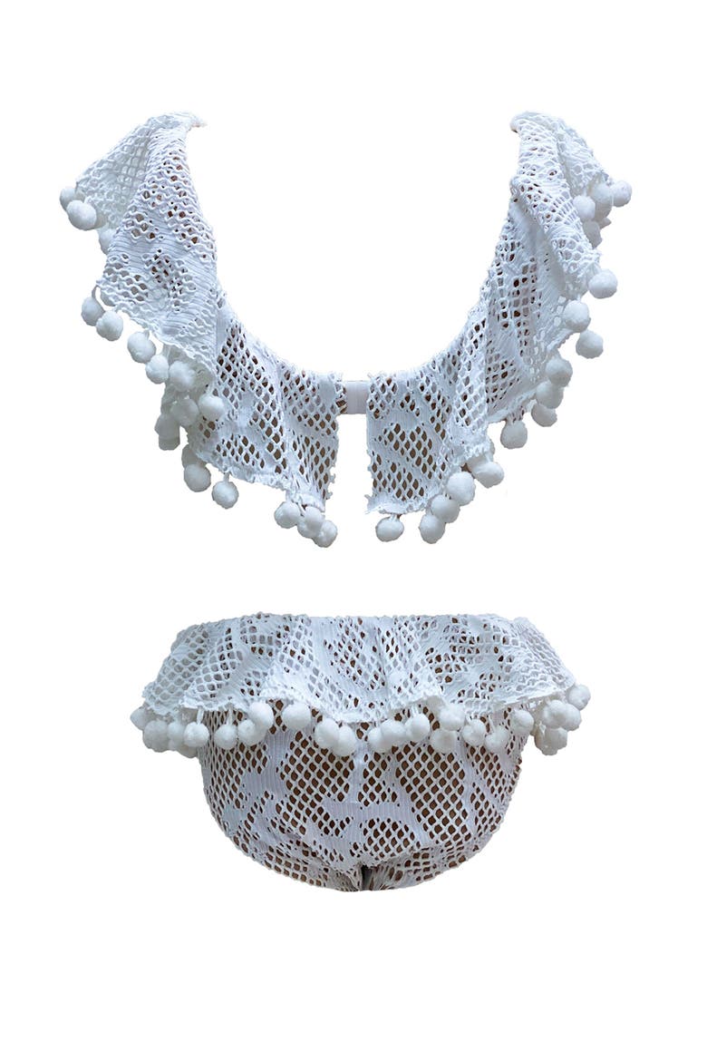 Pom-Pom Trim Crochet Two Piece Bikini,Toddler-Little Kid,Big Kid, Alternate, color, White