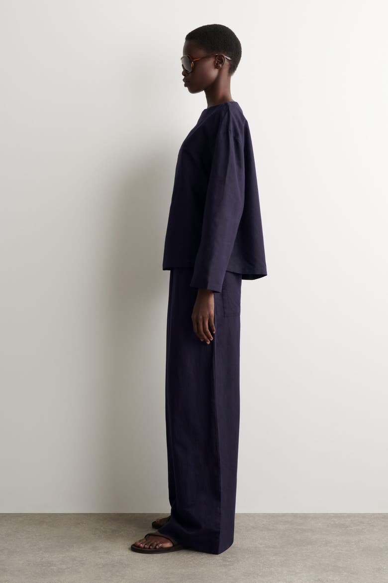 Boat-neck Linen Blouse, Alternate, color, NAVY