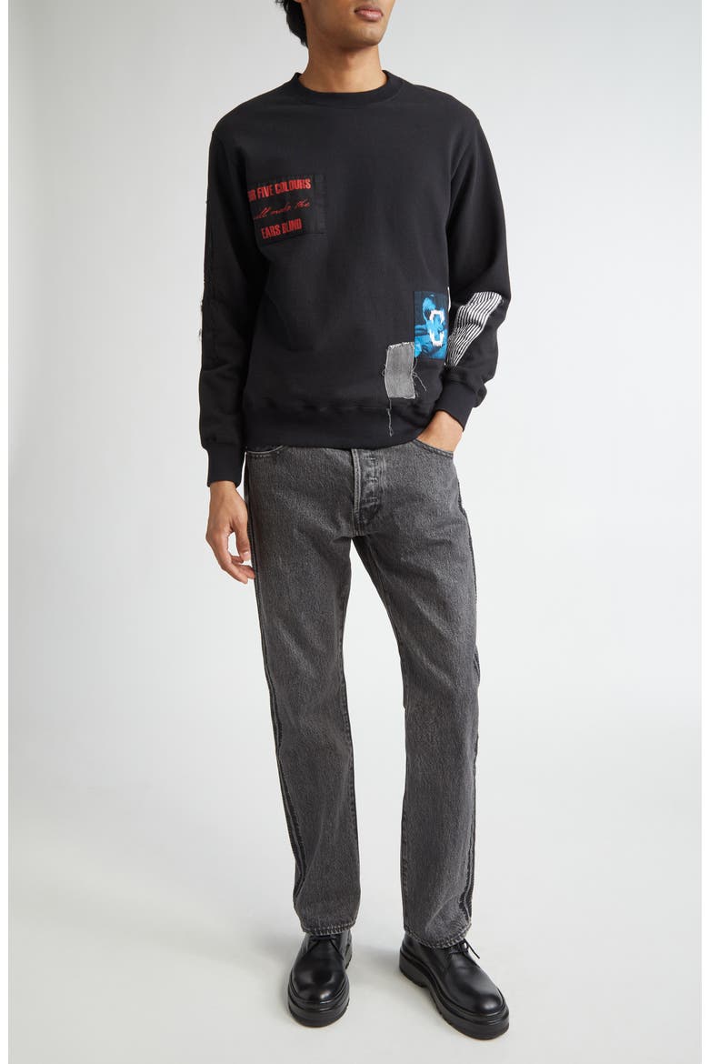 Distressed Patchwork Cotton French Terry Sweatshirt, Alternate, color, BLACK