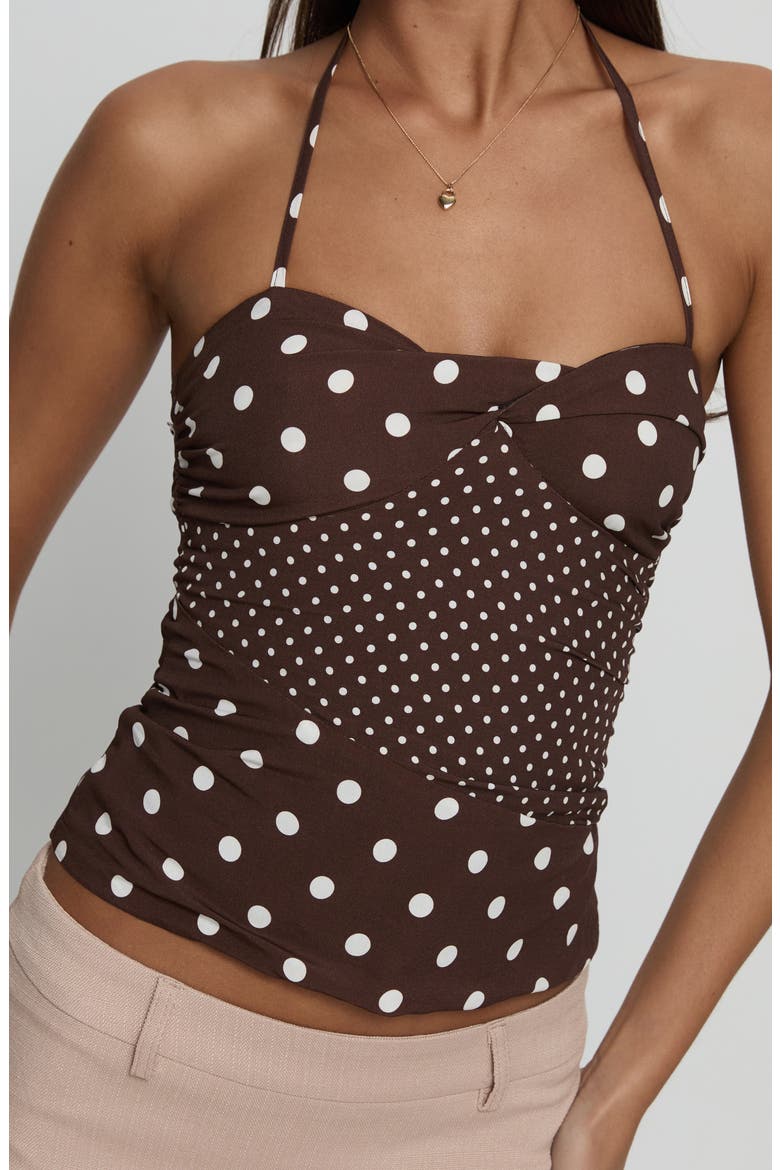 Marguerite Polka Dot Halter Top, Alternate, color, CHOCOLATE POLKA