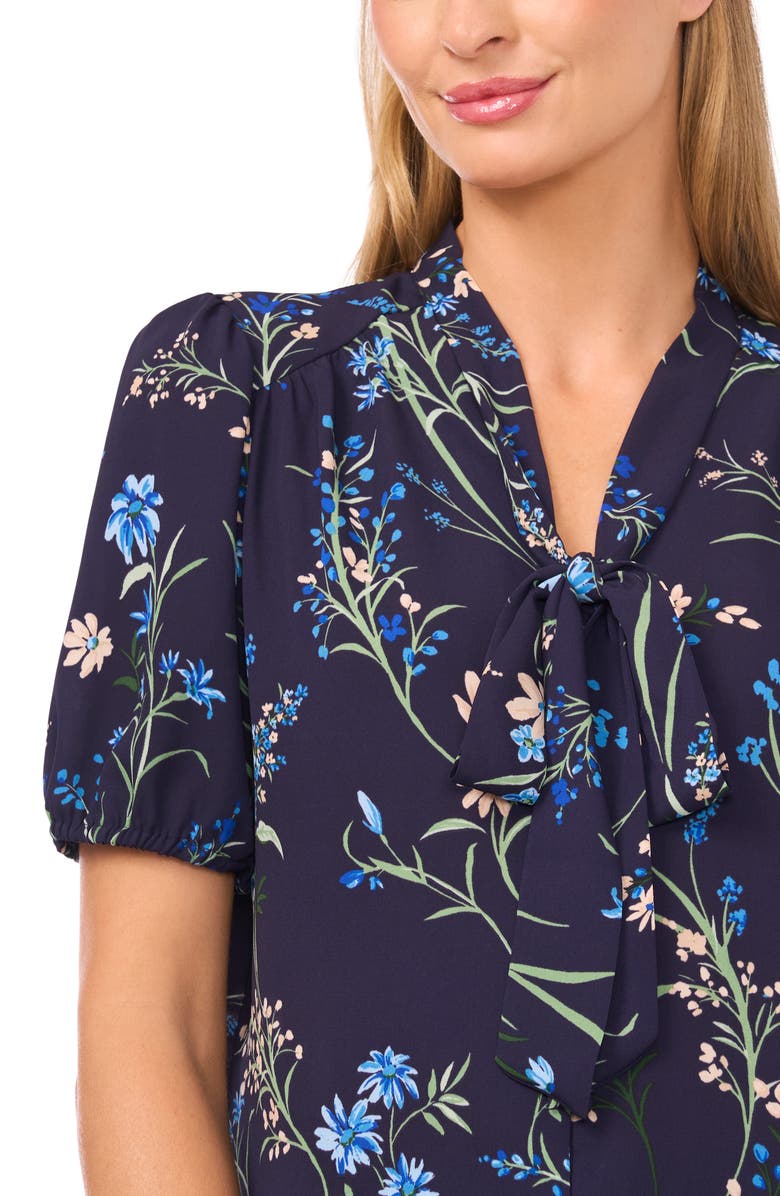 CeCe Floral Tie Neck Georgette Top, Alternate, color, Classic Navy