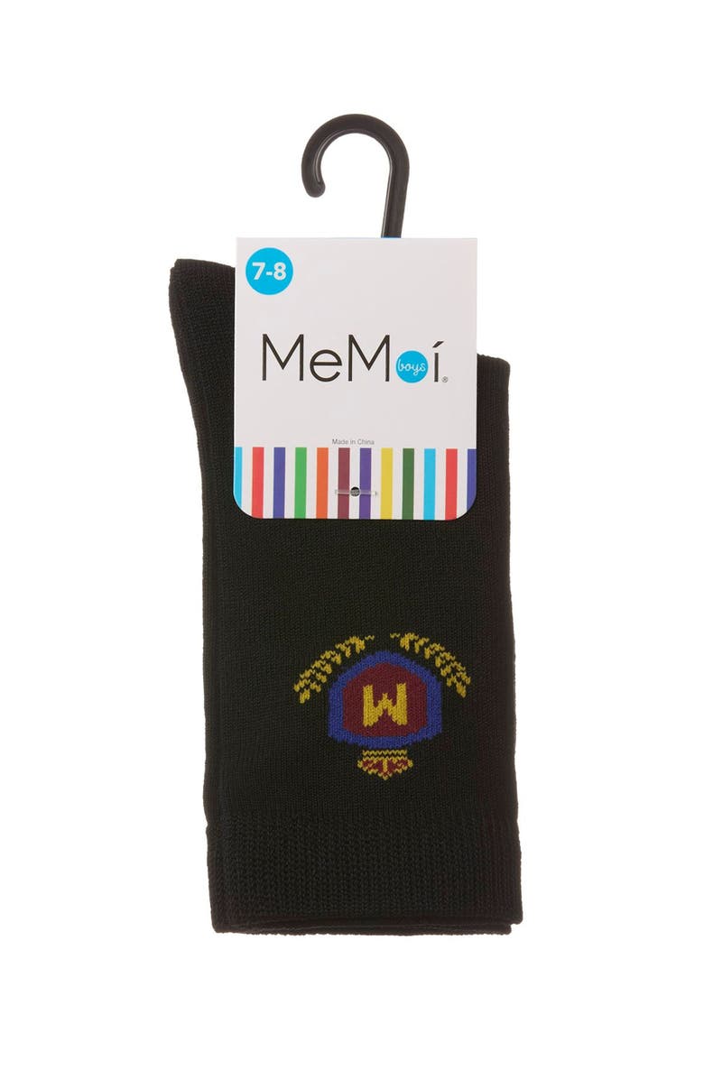 MeMoi Stitched M Crest Solid Color Dress Crew Socks, Alternate, color, Black