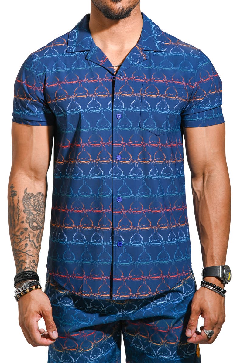 Maceoo Beachsharkwave Blue Cotton Camp Shirt, Main, color, Blue