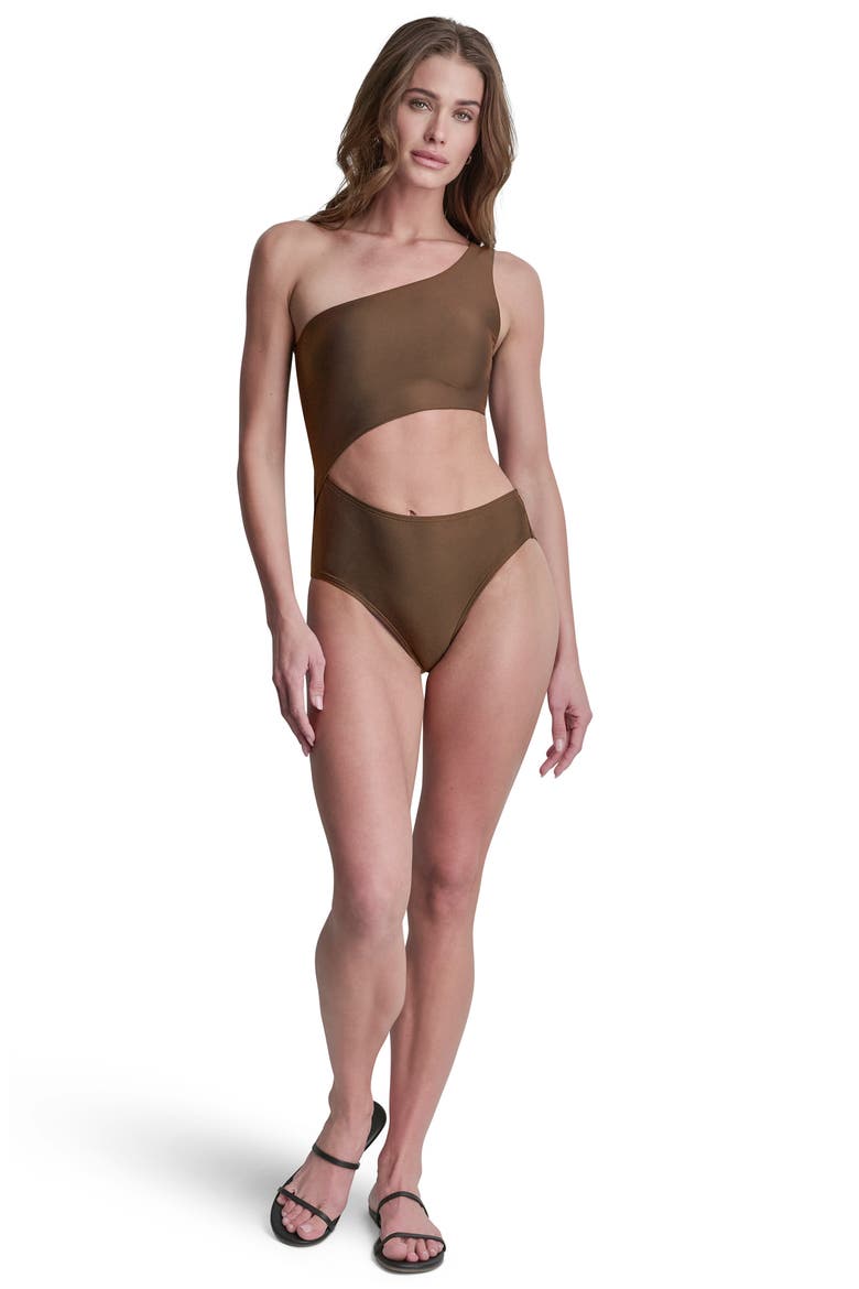 One-Shoulder One-Piece Swimsuit, Alternate, color, MOCHA
