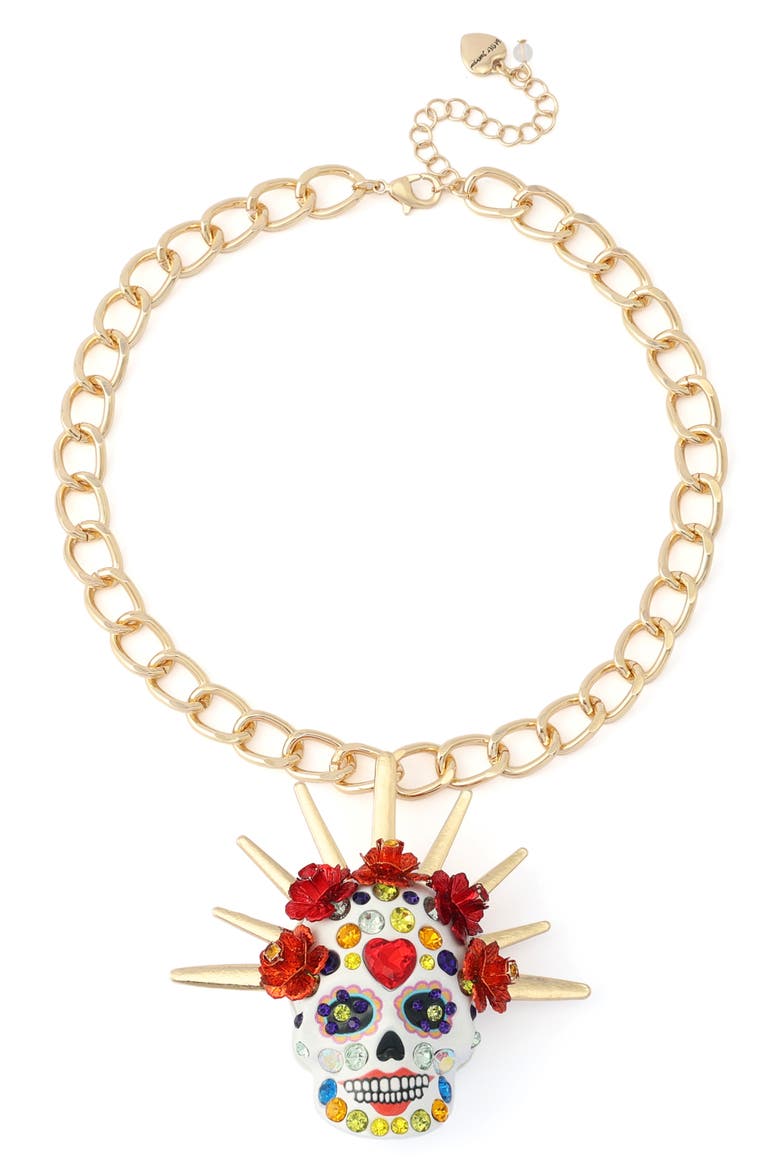 Sugar Skull Bride Crown Pendant Necklace, Main, color, RED