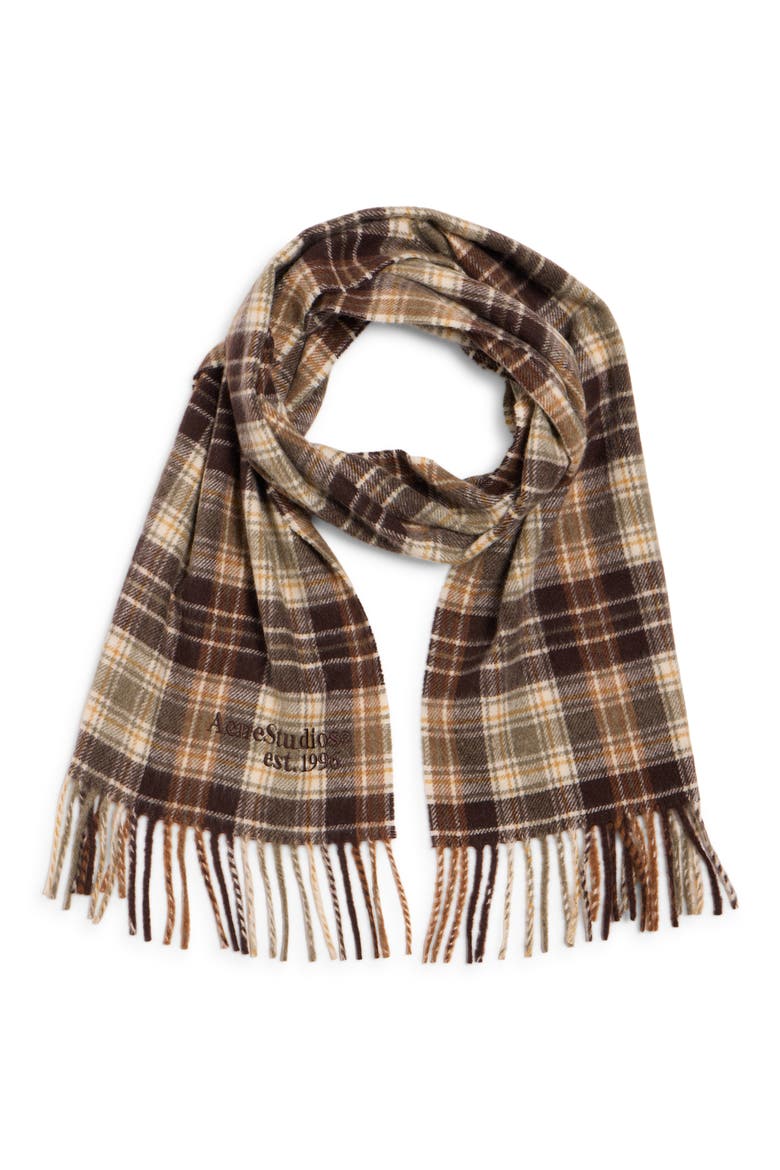Canada Check Recycled Cashmere Blend Fringe Scarf, Alternate, color, DARK BROWN/ KHAKI GREEN