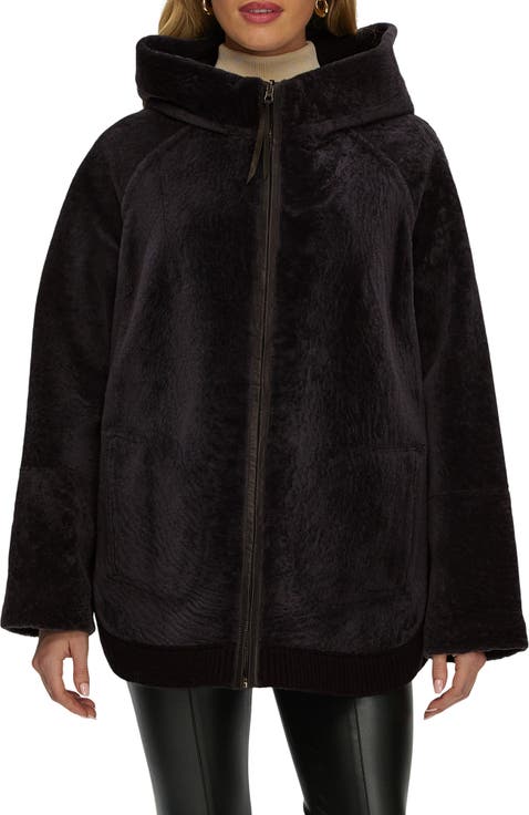 Reversible Textured Genuine Shearling Zip Parka with Ribbed Hem