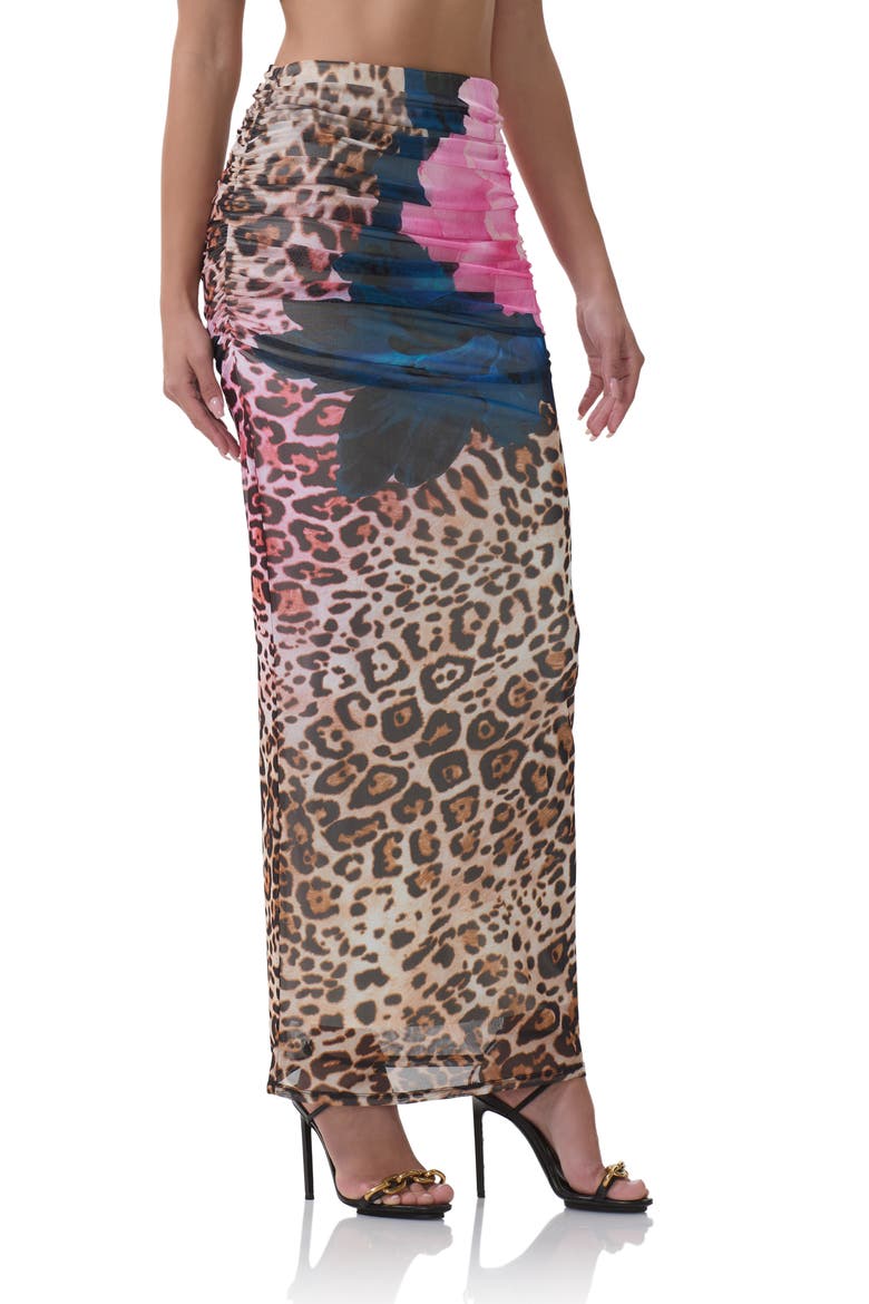 Bevin Printed Ruched Mesh Maxi Skirt, Alternate, color, ANIMAL BLOCK PEONY