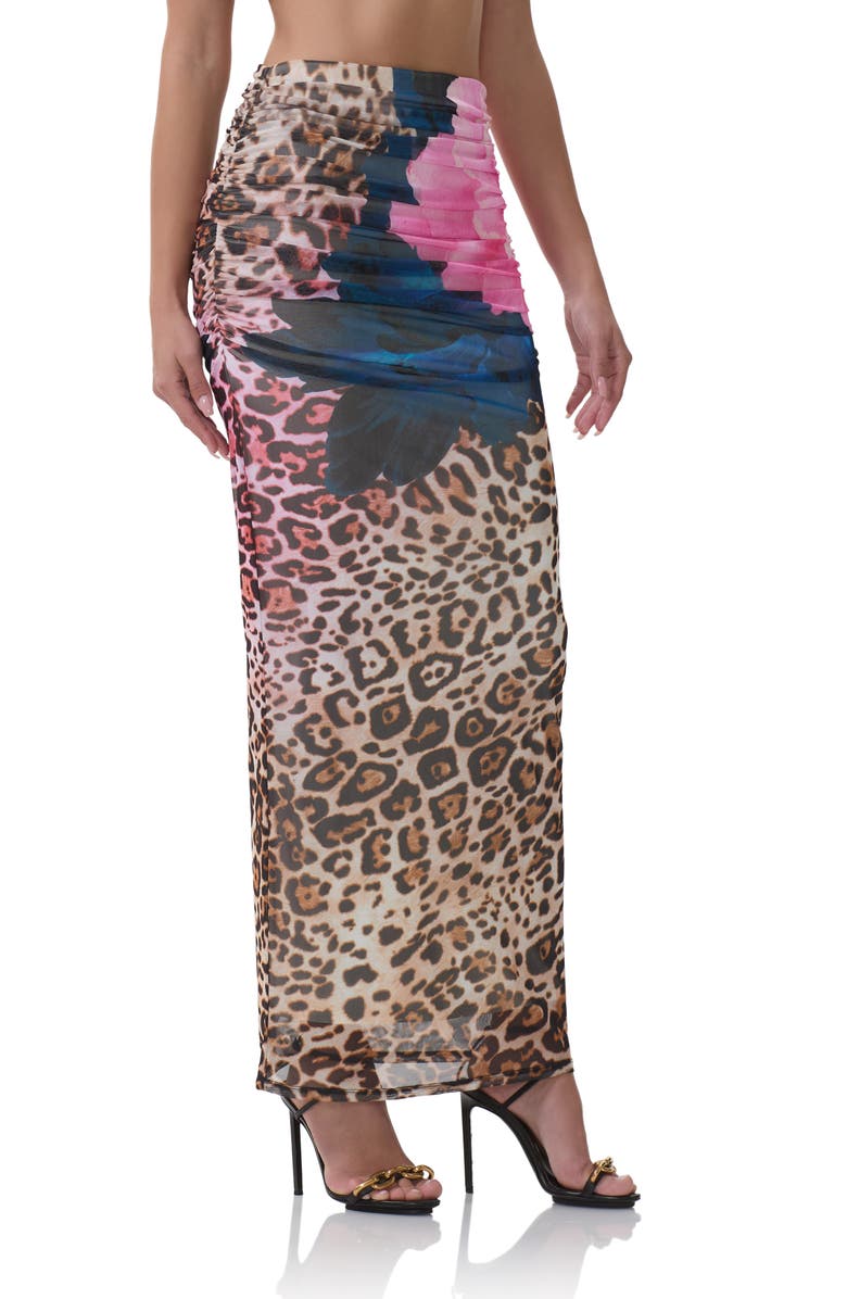 AFRM Bevin Printed Ruched Mesh Maxi Skirt, Alternate, color, Animal Block Peony