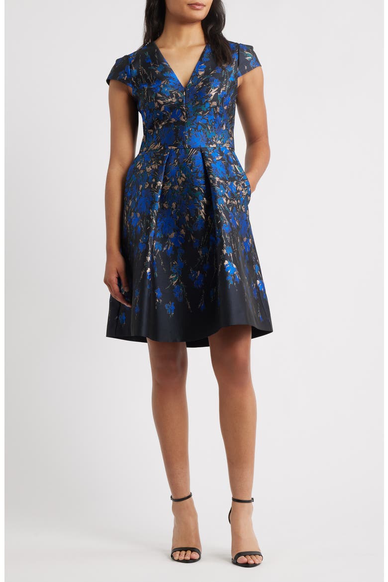 Metallic Floral Jacquard Fit & Flare Dress, Main, color, SAPPHIRE