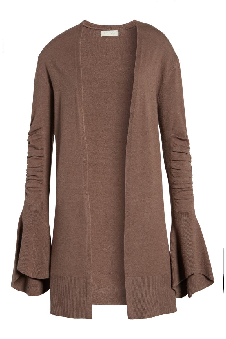 Ruched Bell Sleeve Cardigan, Alternate, color, BROWN TAUPE