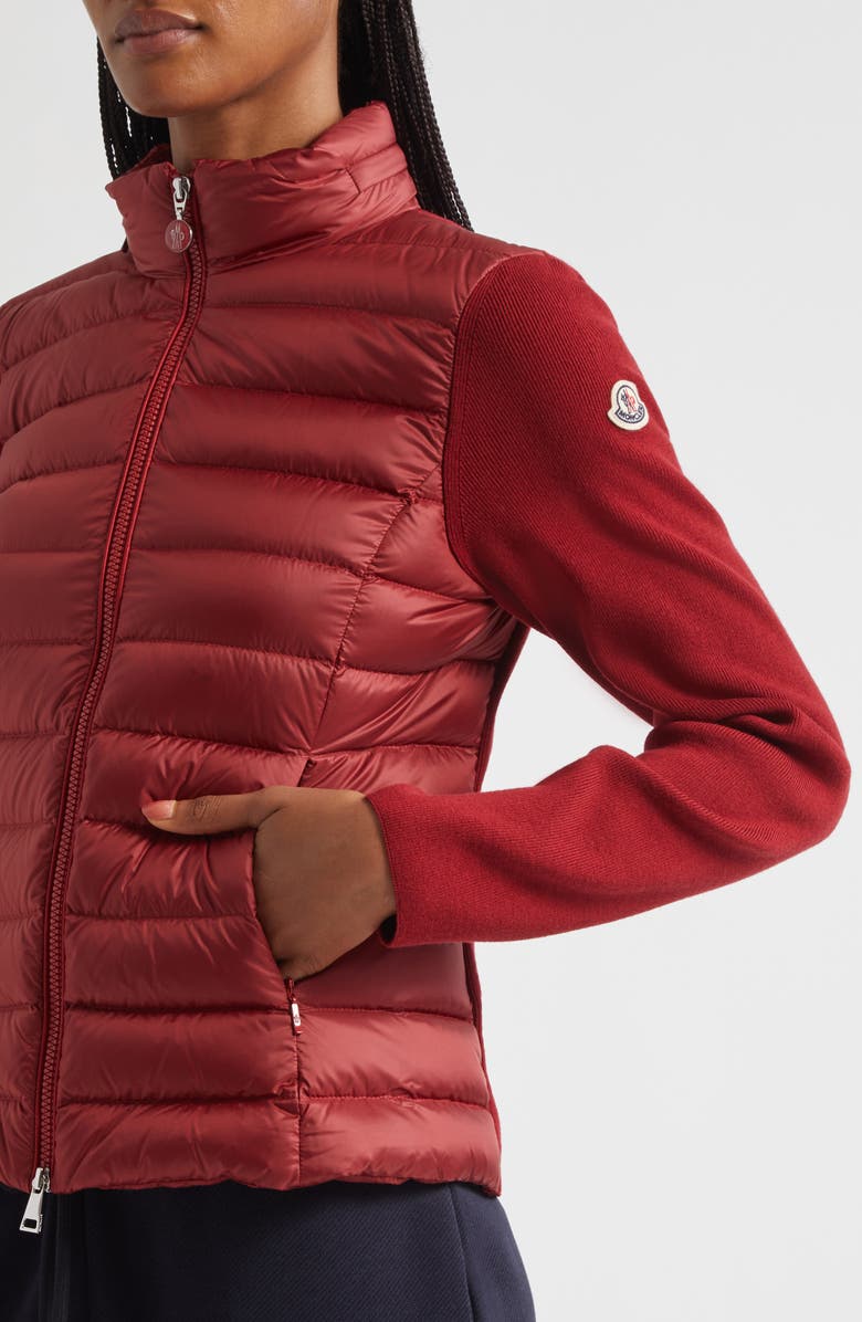 Moncler Virgin Wool-Blend Knit & Down Cardigan, Alternate, color, Red Auburn