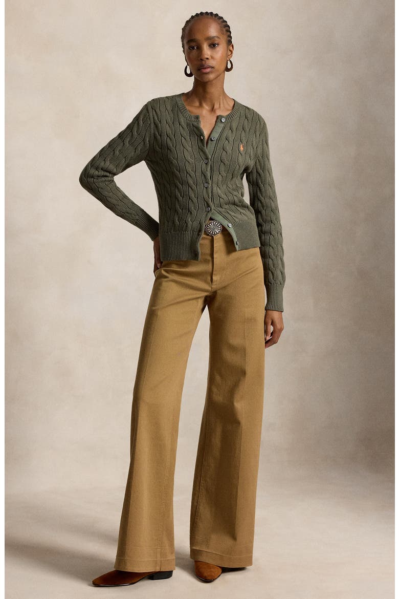 Cable Knit Cotton Crewneck Cardigan, Alternate, color, DENSE OLIVE