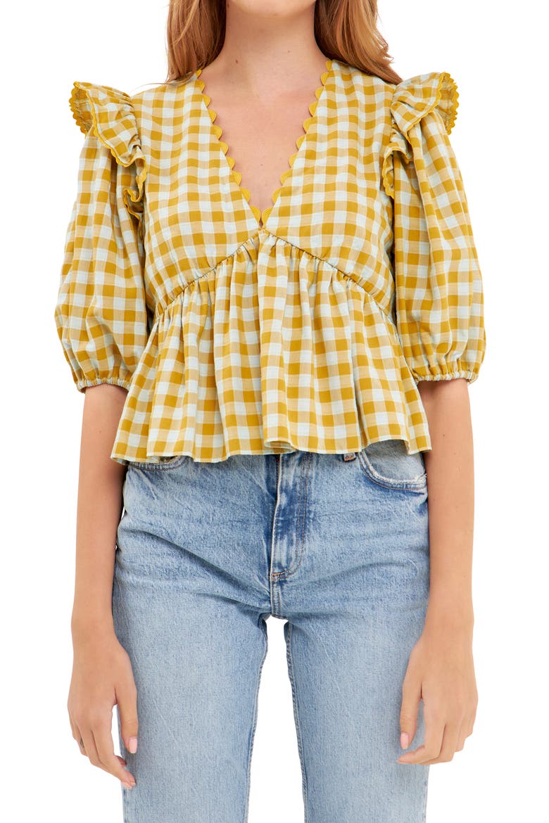 Rickrack Trim Check Top, Main, color, MUSTARD