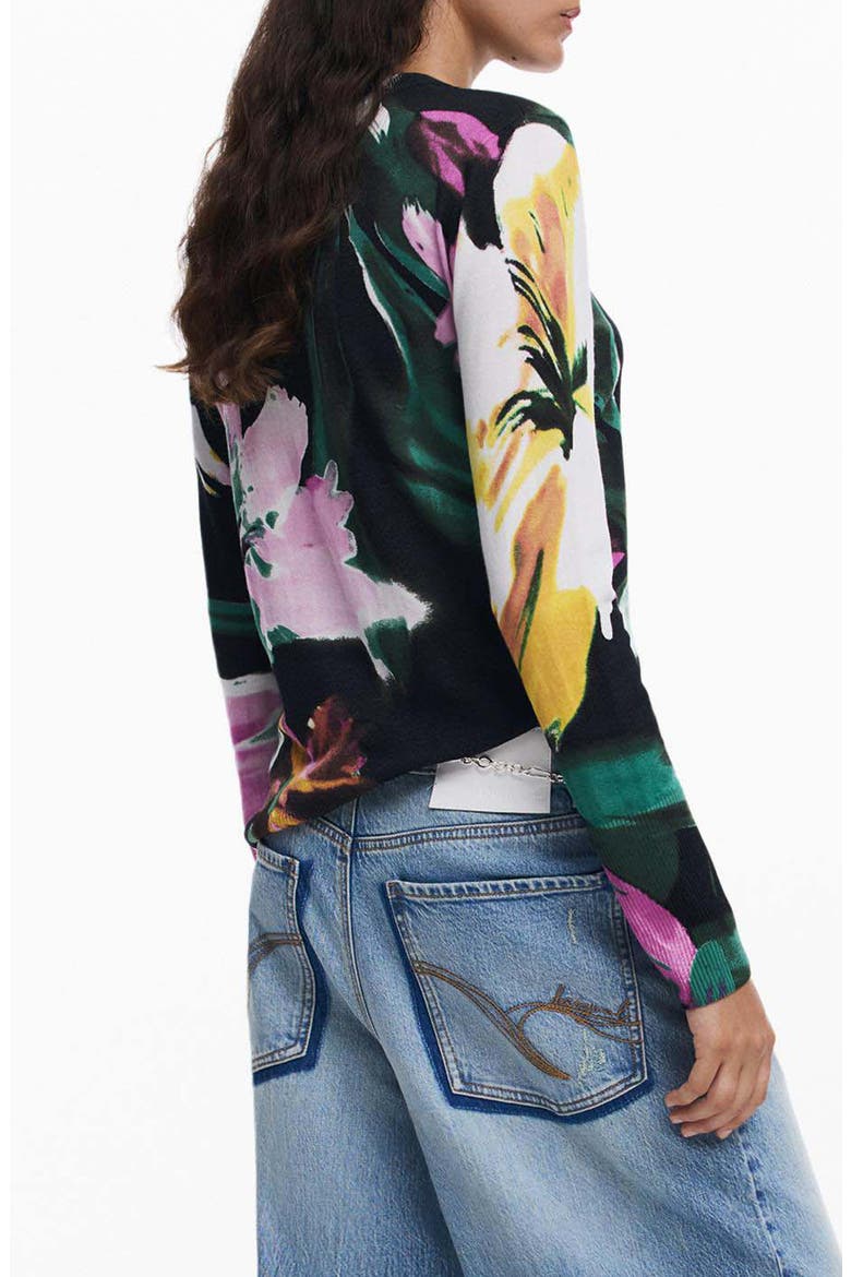 Floral Fine Gauge Crewneck Sweater, Alternate, color, BLACK