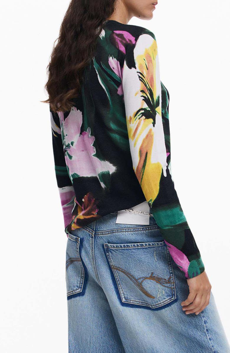 Desigual Floral Fine Gauge Crewneck Sweater, Alternate, color, Black