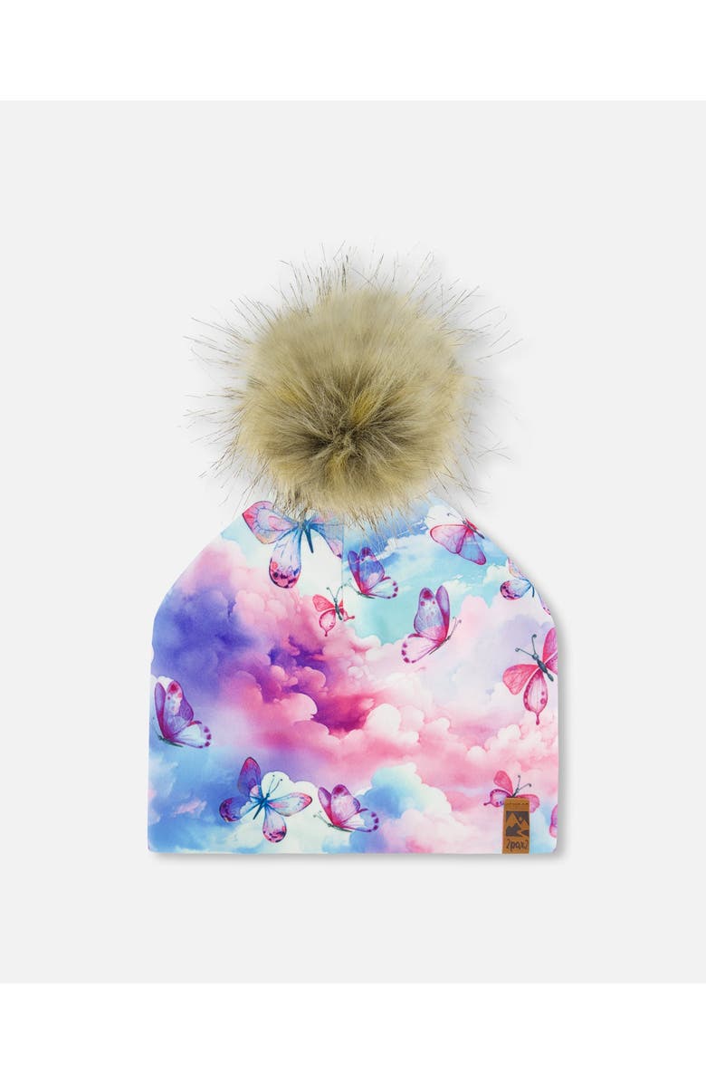 Deux par Deux Baby Girl's Printed Jersey Detachable Pompom Hat Butterflies On Multicolored Background, Main, color, 