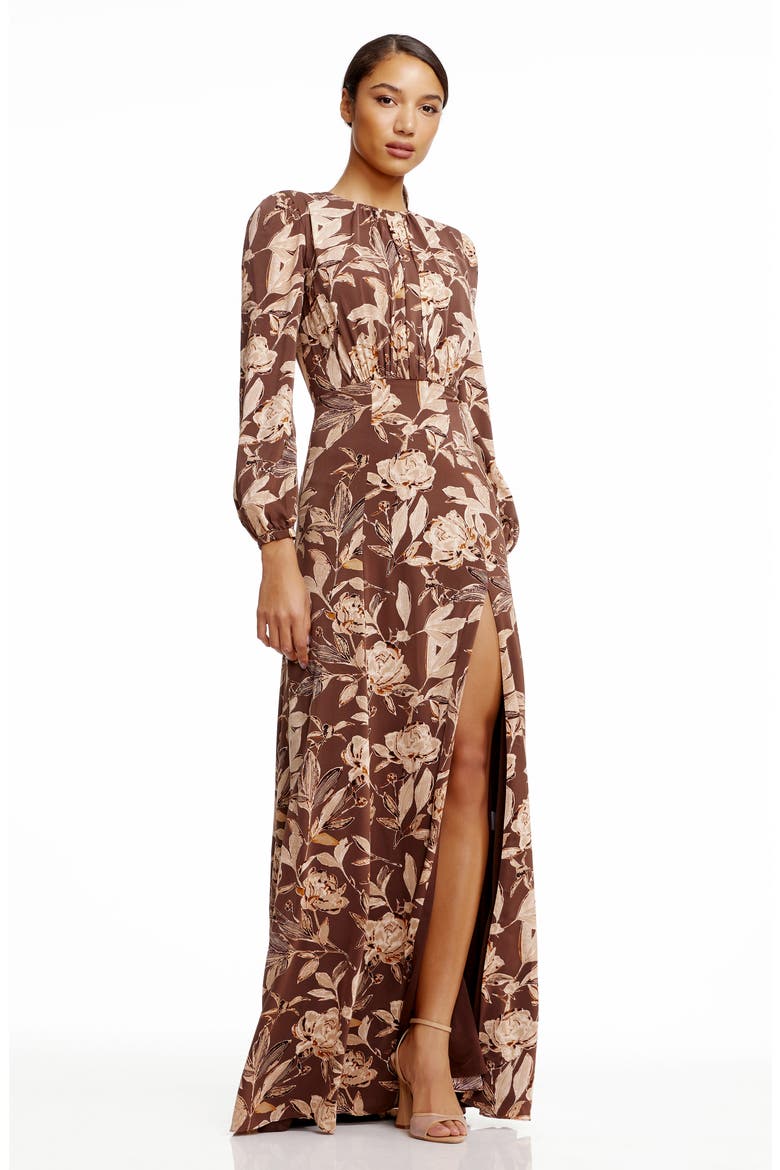 Joni Floral Long Sleeve Satin Gown, Alternate, color, MOCHA MULTI