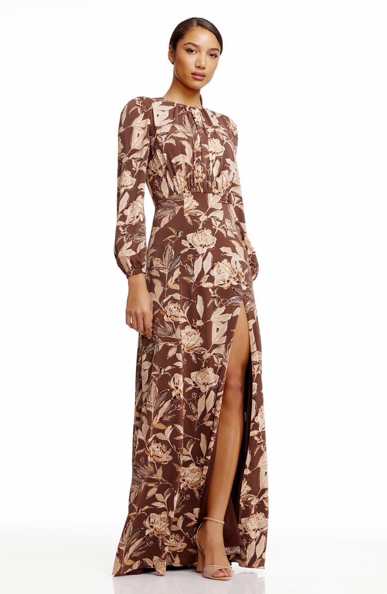 Dress the Population Joni Floral Long Sleeve Satin Gown, Alternate, color, Mocha Multi