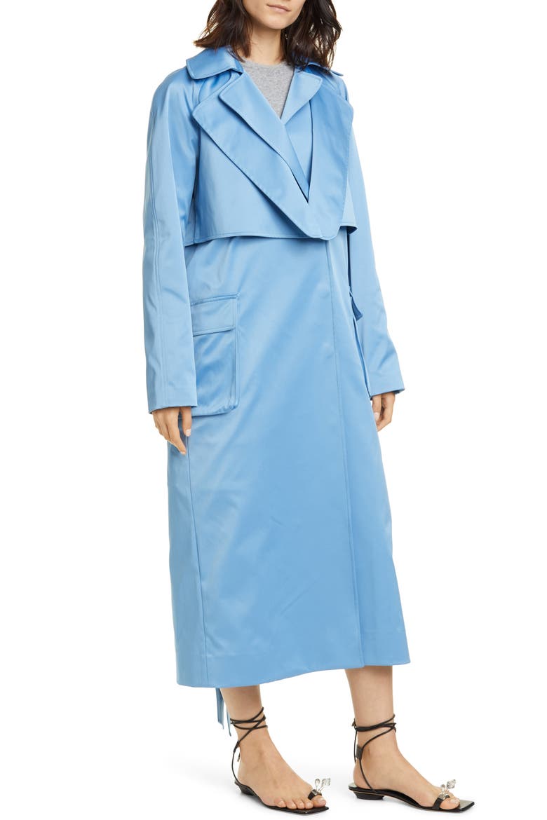 Duchesse Tech Satin Trench Coat, Alternate, color, SKY BLUE