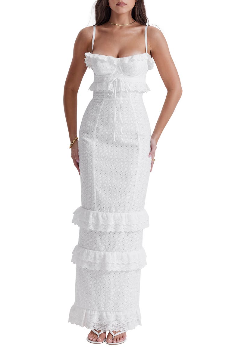 Eve Ruffle Broderie Anglaise Maxi Dress, Main, color, WHITE