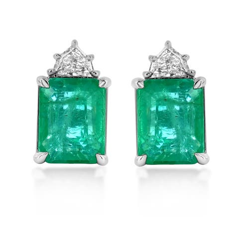 14K Gold 5.41cttw Emerald-Cut Emerald & 0.31cttw Diamonds Earrings