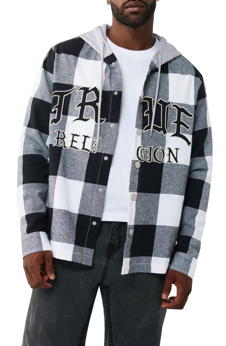 True Religion Hooded Flannel Snap-Up Shirt, Main, color, Black / White