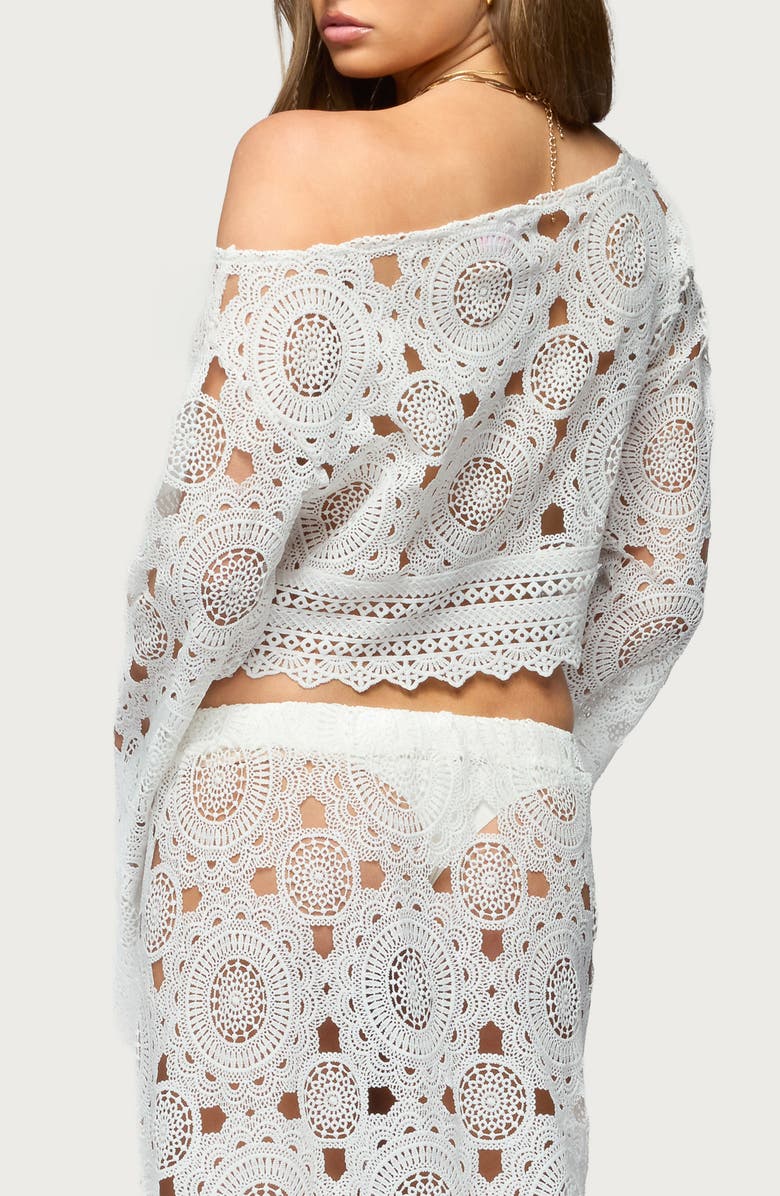 EDIKTED Milana One-Shoulder Sheer Lace Crop Top, Alternate, color, White