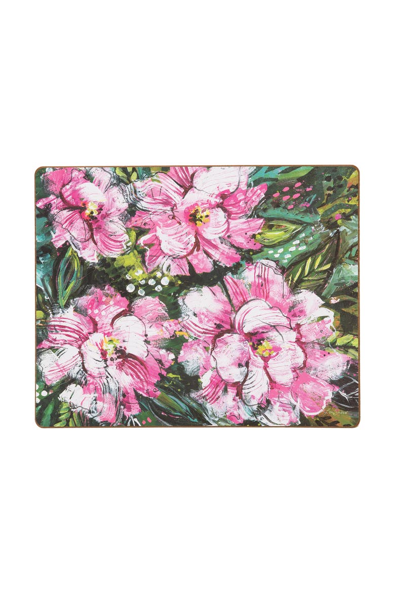 Peony Placemats, Set of 6 Hardboard Floral Pattern Easy To Wipe, 13" x 16", Main, color, Pink