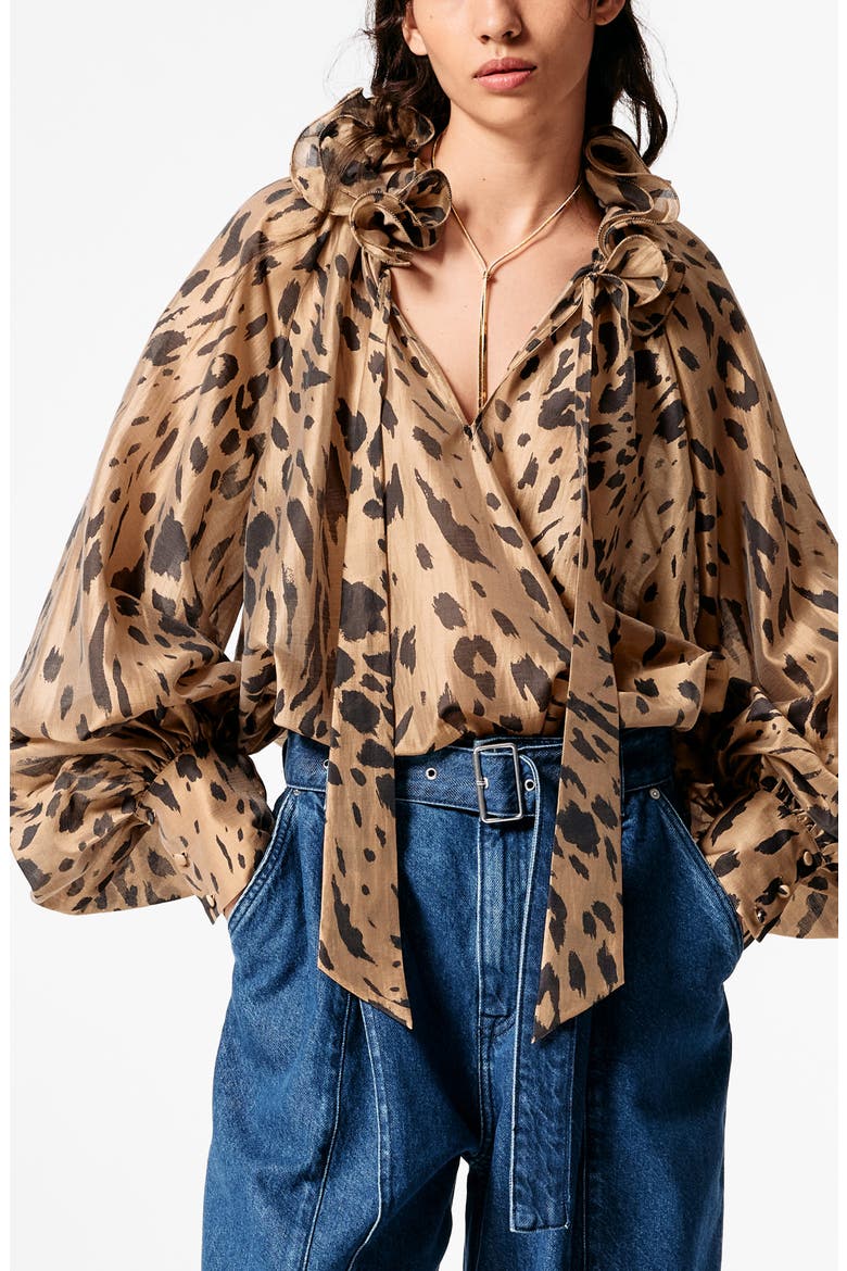 Leopard Print Ruffle Tie Neck Top, Main, color, LEOPARD