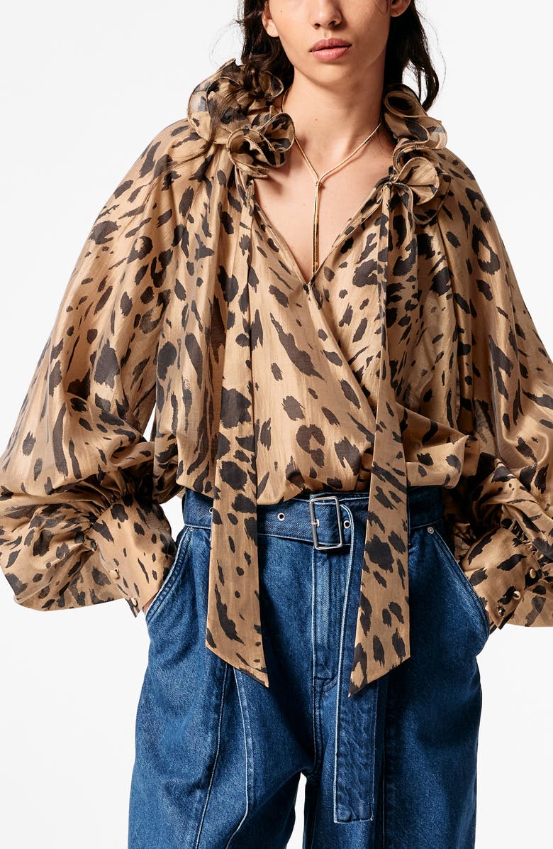& Other Stories Leopard Print Ruffle Tie Neck Top, Main, color, 